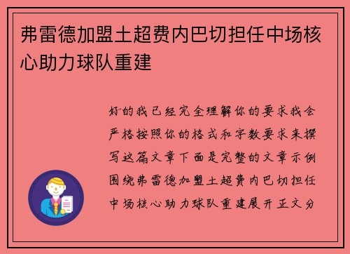 弗雷德加盟土超费内巴切担任中场核心助力球队重建 弗雷德加盟土超费内巴切担任中场核心助力球队重建