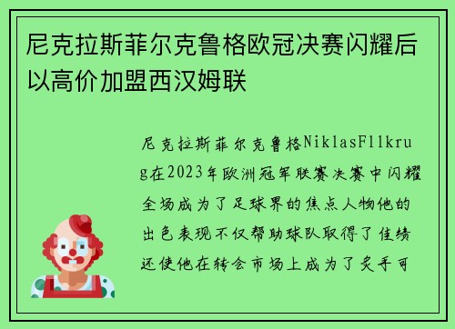 尼克拉斯菲尔克鲁格欧冠决赛闪耀后以高价加盟西汉姆联