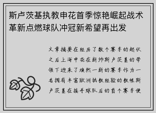 斯卢茨基执教申花首季惊艳崛起战术革新点燃球队冲冠新希望再出发